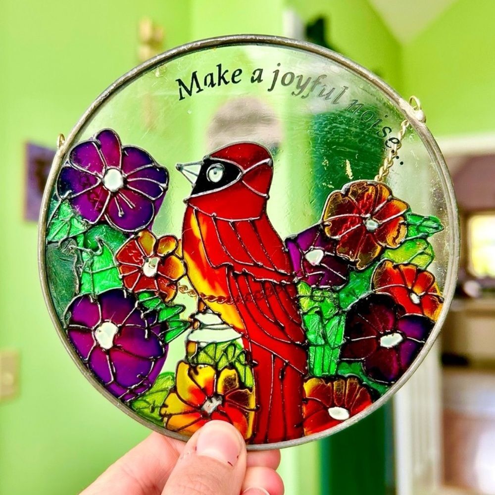Floral Red Cardinal Bird Glass Art Stained Glass Window Sill Hanging Art Decor